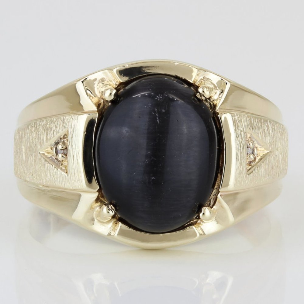Vintage 10KYG Black Cat's Eye Sapphire + Diamond Statement Ring